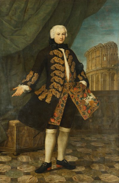 Retrato de William Perry, 21 anos, De pé, De corpo inteiro, com um casaco marrom bordado em ouro, por uma balaustrada, com o Coliseu além, de Antonio David