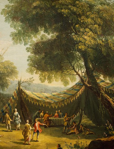 Tenda no campo com música ao vivo, detalhe da Primavera, de Antonio Diziani (1737-1797), óleo sobre tela, 74x92 cm, Itália de Antonio Diziani