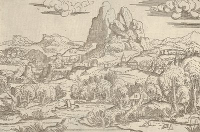 Paisagem do quadro de Vênus Empurrando Cupido, 1540-45. de Antonio Fantuzzi