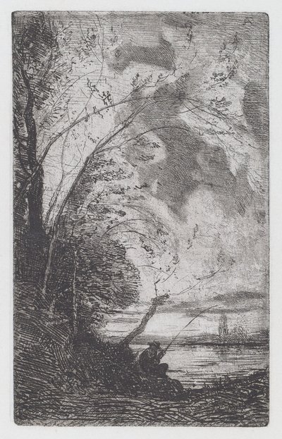 Pescador na margem do lago [Pescatore sulla riva del lago] de Antonio Fontanesi