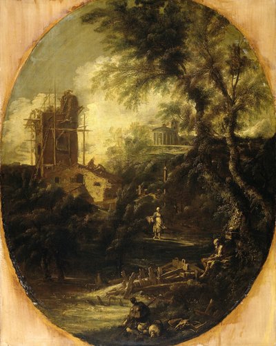 Paisagem com eremita, peregrina e camponesa de Antonio Francesco Peruzzini (attributed to)