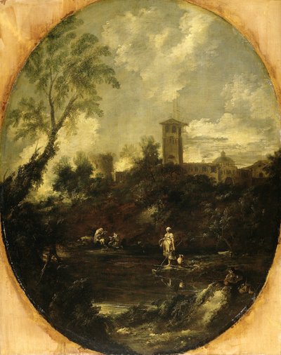 Paisagem com monges, peregrino e mulher camponesa de Antonio Francesco Peruzzini (attributed to)