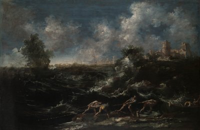 Seascape com pescador puxando redes de Antonio Francesco Peruzzini