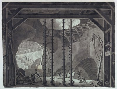 Design de palco, homens construindo prédio na caverna de Antonio Giuseppe Basoli