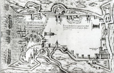 Mapa ilustrando La Rochelle ocupado pelos huguenotes de Antonio Lafreri