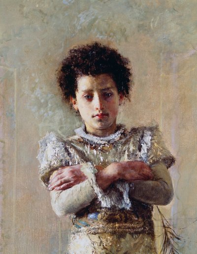 Acrobat, detalhe, por Antonio Mancini (1852-1930), óleo sobre tela, 250,5x111,5 cm de Antonio Mancini