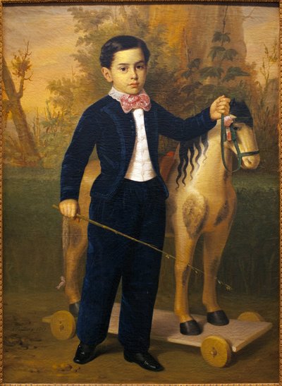 Retrato de um rapazinho com um cavalo de madeira. Pintura de Antonio Maria Esquivel (1806-1857), Oil On Canvas, ves 1851. Museu de Belas Artes de Sevilha, Espanha. de Antonio María Esquivel y Suárez de Urbina