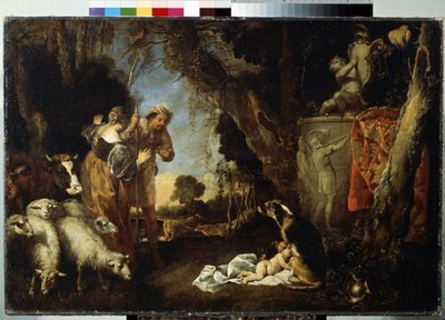 A infância do rei Ciro. Ciro II ou Ciro o Grande (ca. 559 a.C. - 529 a.C.), fundador do Império Persa. O bebé é acolhido e amamentado por uma cadela. Pintura de Antonio Maria Vassallo (ca. 1620-1664/1673). H de Antonio Maria Vassallo