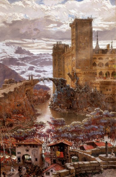 Vista de um castelo romântico. Pintura de Antoni Munoz i Degrain (1841-1924). O início do século XX. Valência. Museu de Belas Artes San Pio V. de Antonio Munoz Degrain