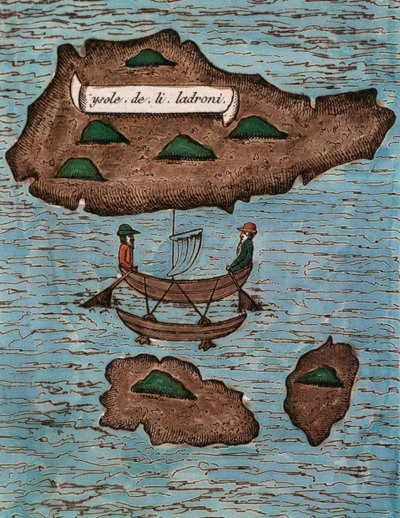Islas de los Ladrones (hoje Ilhas Marianas), lenha colorida da Relazione del primo viaggio intorno al mondo con Ferdinando Magellano (Relatório da primeira viagem ao redor do mundo com Ferdinando Magellano) de Antonio Pigafetta