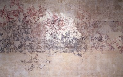 Torneio de batalha, fragmento de pintura mural da Sala del Pisanello (antiga Sala dei Principi) (sinopia) de Antonio Pisanello
