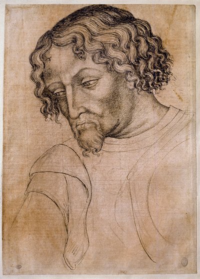 Busto de homem barbudo, três quartos da cabeça inclinada para a esquerda. Desenho da oficina Antonio di Puccio Pisano dit Pisanello (1395-1455). Pena (desenho), sangue. Dim: 28x20cm. Louvre, desenho firme. de Antonio Pisanello