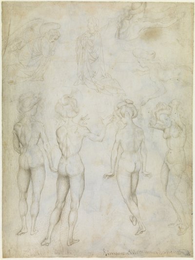 Quatro estudos de um nu feminino, uma Anunciação e dois estudos de uma mulher a nadar, c.1425 (ponta metálica, caneta e lápis em castanho sobre pergaminho) de Antonio Pisanello