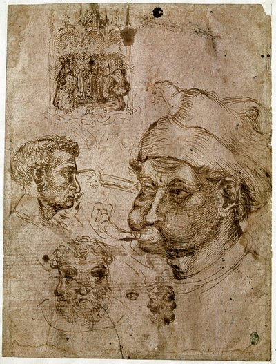 Quatro cabeças de homens, duas das quais com três caras. Um retábulo. Um cavalo. Desenhos da oficina de Antonio di Puccio Pisano dit Pisanello (1395-1455). Tinta marrom, caneta (desenho), sangue. Dim: 27,1x20,5cm. Louvre, Cabinet des medailles. de Antonio Pisanello