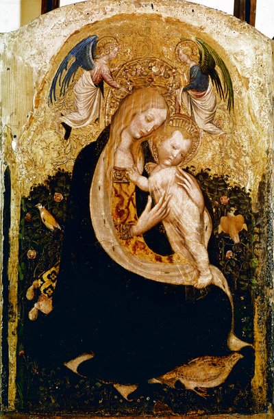 A Madonna tem Detrempe de codornizes em madeira de Pisanello (Antonio Pisano) (ca. 1380-1455). 1420 aprox. Dim. 50x33 cm Verone, Museo di Castevecchio - Madonna with a Quail, de Antonio Pisano a.k.a Pisanello (1380-c.1455), Tempera on wood, 50x33 cm de Antonio Pisanello