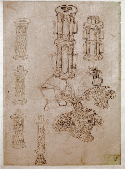 Três capacetes cobertos com coletes e duas peças de armas demolidas. Desenho de Antonio di Puccio Pisano dit Pisanello (1395-1455) Tinta marrom, pedra preta, pena. Dim: 28,7x20,6cm. Louvre, desenhando firme de Antonio Pisanello