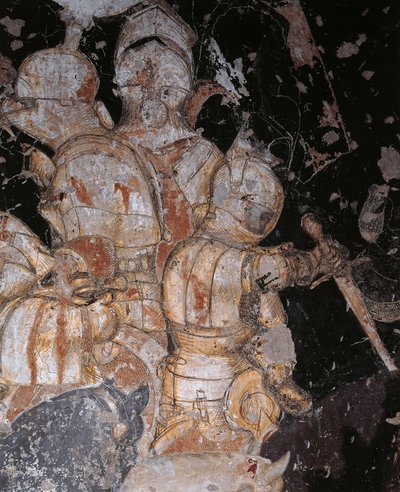 Tournament-Battle of Louvezerp de Antonio Pisano conhecido como Pisanello (pré-1395-ca 1455), fresco, detalhe, Palazzo Ducale, Mântua de Antonio Pisanello