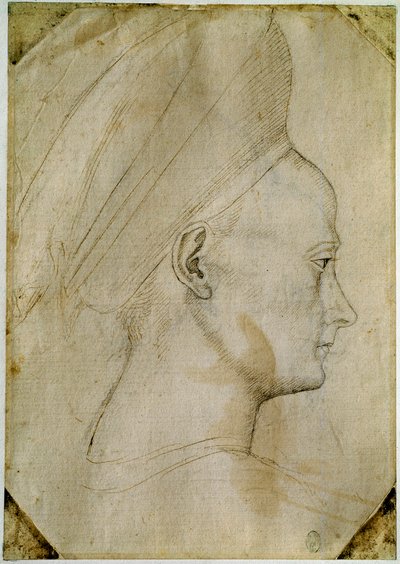 A cabeça de uma jovem mulher, de perfil à direita. Desenho da oficina de Antonio di Puccio Pisano dit Pisanello (1395-1455). Tinta marrom, pedra preta, pena. Dim: 24,6x17,2 cm. Louvre, Cabinet des dessins. de Antonio Pisanello