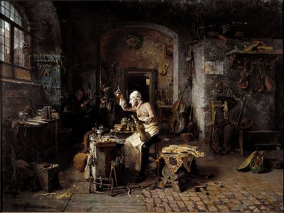 O luthier italiano Antonio Stradivari (Stradivarius) (1644-1737) na sua oficina de Antonio Rinaldi