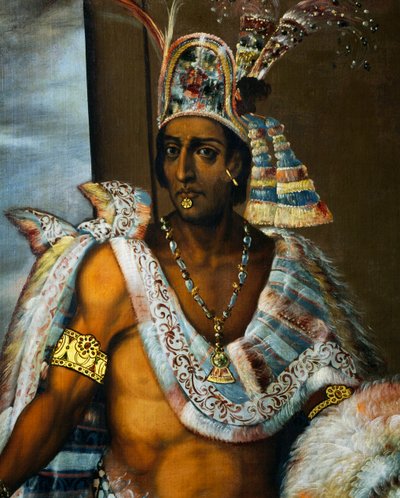 Retrato de Montezuma II Tecnochtitlan (cerca de 1466-1520), último rei dos astecas de Antonio Rodríguez