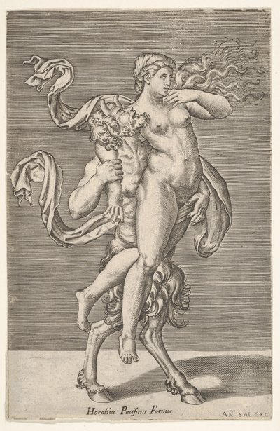 Sátiro carregando uma ninfa, cujo braço direito está enrolado no pescoço do sátiro, com um ..., ca. 1505-62. de Antonio Salamanca