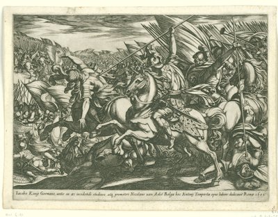Ataque de cavalaria com dois homens trespassados por lanças
Cenas de batalha (série 3) (título da série) de Antonio Tempesta