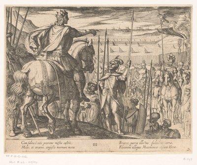 Alexandre, o Grande, instrui os soldados macedônios Os feitos de Alexandre, o Grande (título da série) Alexandri magni praecipvae res gestae (título da série) de Antonio Tempesta