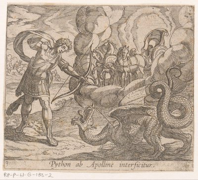 Apollo doodt Python
Python ab Apolline interficitur (título sobre o objecto)
Metamorfoseon sive transformationum (título da série)
Metamorfosen van Ovidius (título da série) de Antonio Tempesta
