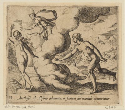 Arethusa é perseguida por Alpheus
Arethusa ab Alpheo adamata in fontem sui nominis convertitur (título sobre o objecto)
Metamorfoseon sive transformationum (título da série)
Metamorfoses de Ovid (título da série) de Antonio Tempesta