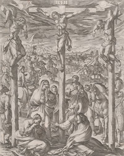 Cristo crucificado entre os dois ladrões, as três Marias ao pé da cruz, 1612. de Antonio Tempesta