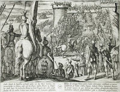 Civilis usa pontes móveis de madeira para atacar uma fortaleza de Antonio Tempesta