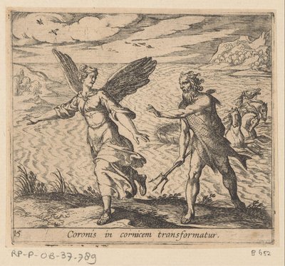 A coroa mudou para een kraai Uma coroa é transformada em cornija (título no objeto) Metamorfoseon ou transformações (título da série) Metamorfosen van Ovidius (título da série) de Antonio Tempesta