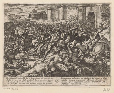 Os romanos são derrotados pelas tropas holandesas em Bonn As Guerras Batavas contra os Romanos (título da série) Batavorum cum Romanis Bellum (título da série) de Antonio Tempesta