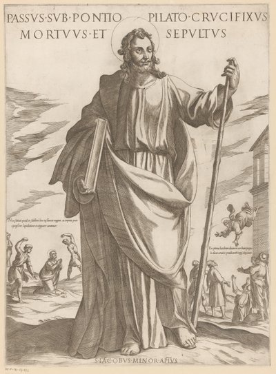 De heilige Jakobus de Mindere Sofrendo sob Pôncio Pilatos, crucificado, morto e sepultado (título do objeto) Cristo, Maria en de apóstolo (título da série) de Antonio Tempesta