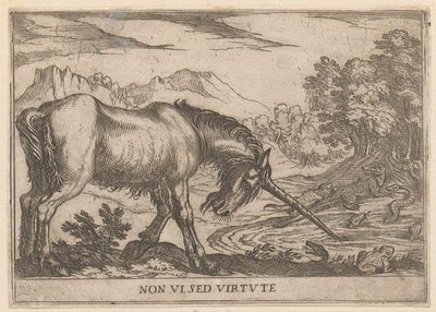 Um unicórnio afasta os lagartos de um lago
Non vi sed virtute (título sobre o objecto)
Animais de combate (título da série) de Antonio Tempesta