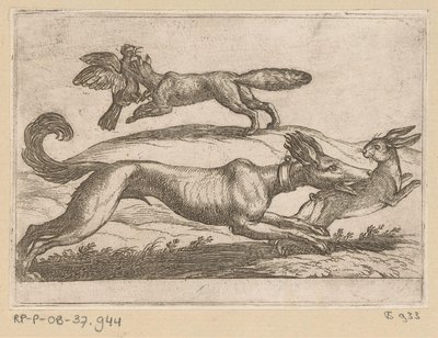 Uma raposa ataca uma galinha e um cachorro ataca uma lebre Animais de luta (título da série) de Antonio Tempesta