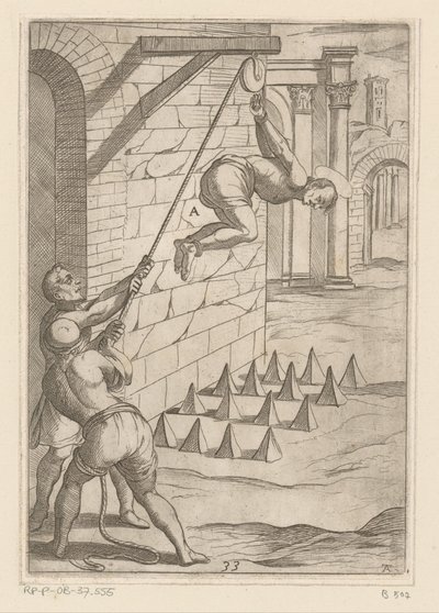 Tortura: queda em pontas afiadas
Tortura sofrida pelos mártires cristãos (título da série)
Varia tormentorum et supplicioru crudelium (...) (título da série) de Antonio Tempesta