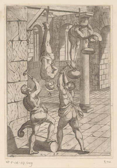 Tortura com martelos enquanto pendurado
Tortura sofrida pelos mártires cristãos (título da série)
Varia tormentorum et supplicioru crudelium (...) (título da série) de Antonio Tempesta