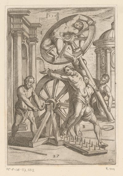 Tortura com pontas afiadas e rodas Torturas sofridas por mártires cristãos (título da série) Varia tormentorum et supplicioru rawlium (...) (título da série) de Antonio Tempesta