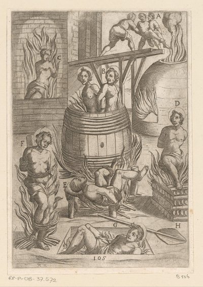 Tortura com diferentes modos de queimadura
Tortura sofrida pelos mártires cristãos (título da série)
Varia tormentorum et supplicioru crudelium (...) (título da série) de Antonio Tempesta