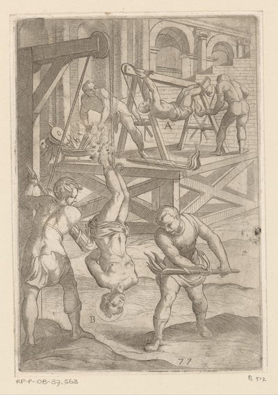 Tortura: enforcamento e queima Torturas sofridas por mártires cristãos (título da série) Varia tormentorum et supplicioru rawlium (...) (título da série) de Antonio Tempesta