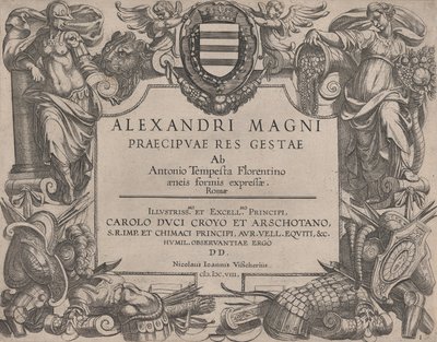 Frontispício da vida de Alexandre, o Grande, à esquerda está Bellona e à direita uma mulher ..., 1608. de Antonio Tempesta