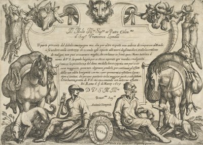 Frontispício com caçadores, cães e cavalos, de 