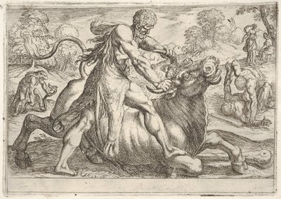 Hércules e Achelous: no centro, Hércules agarra os chifres de um touro enquanto pressiona seu ri ..., 1608. de Antonio Tempesta