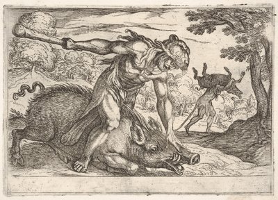 Hércules e o Javali de Erymanthus: Hércules segura o focinho dos javalis com a mão esquerda, ... 1608. de Antonio Tempesta