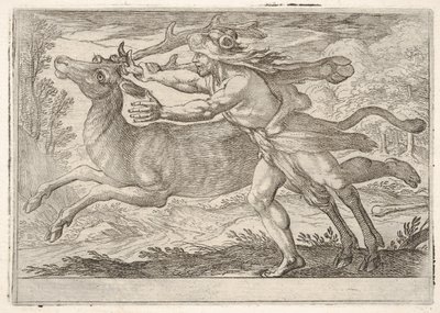 Hércules e o traseiro do monte Cérnea: Hércules caminha ao longo do traseiro e agarra o ..., 1608. de Antonio Tempesta