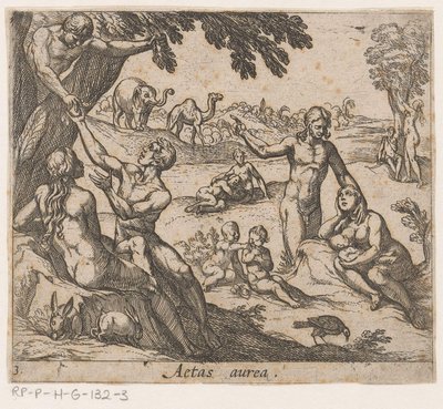 A Idade de Ouro
Aetas aurea (título sobre o objecto)
Metamorfoseon sive transformationum (título da série)
Metamorfoses de Ovid (título da série) de Antonio Tempesta