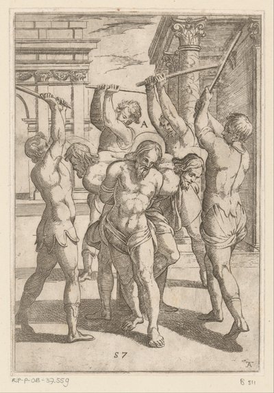 Bater em três santos com as costas atadas
Torturas sofridas por mártires cristãos (título da série)
Varia tormentorum et supplicioru crudelium (...) (título da série) de Antonio Tempesta