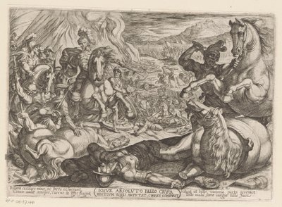 Josué paralisa os cavalos e queima os carros das nações Iosue absoluto bello crura hostium equis amputat, currus comburit (título no objeto) Cenas de batalha do Antigo Testamento (título da série) de Antonio Tempesta