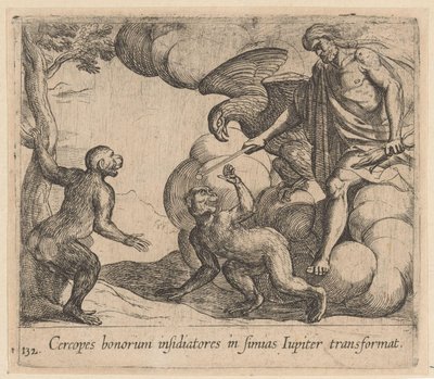 Júpiter verandert de Cercopes em apen
Cercopes bonorum insidiatores em simias Iupiter transformat (título sobre o objecto)
Metamorfoseon sive transformationum (título da série)
Metamorfosen van Ovidius (título da série) de Antonio Tempesta